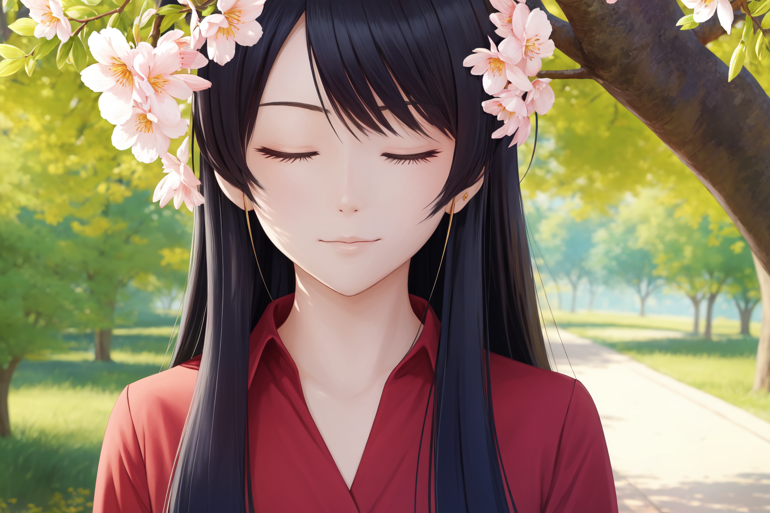girl, solo, red shirt, both eyes closed, face, perfect, masterpiece, tree, flowers, anime screencap, ((masterpiece)), pixi...